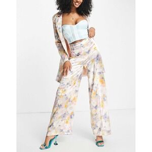 NWT Liquorish Floral Satin Wide Leg Trousers Pastel Pant Sz 4 Anthropologie